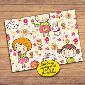 28739 Çiçekli Tavşanlı Kızlar Çocuklara Özel Puzzle Yapboz Tablo