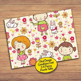 28739 Çiçekli Tavşanlı Kızlar Çocuklara Özel Puzzle Yapboz Tablo
