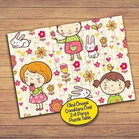 28739 Çiçekli Tavşanlı Kızlar Çocuklara Özel Puzzle Yapboz Tablo