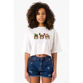3 Wise Beagles Christmas Beyaz Kırçıllı Kadın Crop Tshirt