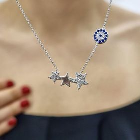 3 Yıldız Nazarlı Rodyum Beyaz Altın Kaplama Kolye