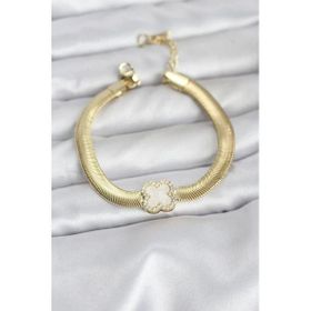 316L Çelik Gold Renk Beyaz Yonca Model Zirkon Taşlı Yılan Zincirli Kadın Bileklik