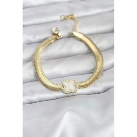 316L Çelik Gold Renk Beyaz Yonca Model Zirkon Taşlı Yılan Zincirli Kadın Bileklik