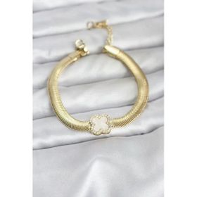 316L Çelik Gold Renk Beyaz Yonca Model Zirkon Taşlı Yılan Zincirli Kadın Bileklik