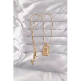 316L Çelik Gold Renk Pembe Mineli El Figür Tarot Kolye