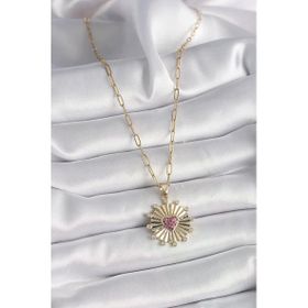 316L Çelik Gold Renk Pembe Zirkon Taşlı Kalp İşleme Madalyon Model Kadın Kolye