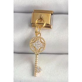 316L Çelik Gold Renk Sallantı Zirkon Taşlı Anahtar Model Nomination Charm
