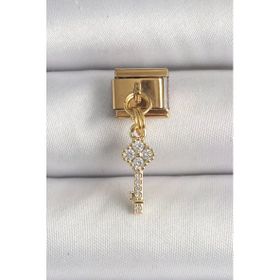 316L Çelik Gold Renk Sallantı Zirkon Taşlı Anahtar Model Nomination Charm