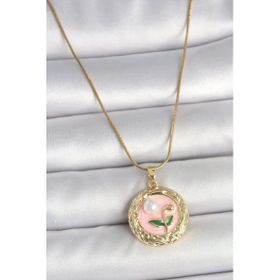 316L Çelik Gold Renk Zincir Pembe Çiçek İşlemeli İnci Detay Portre Model Kadın Kolye