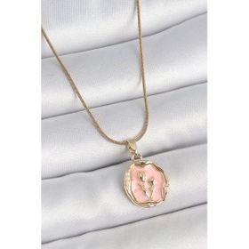 316L Çelik Gold Renk Zincir Pembe Mineli Çiçek İşlemeli Portre Model Kadın Kolye