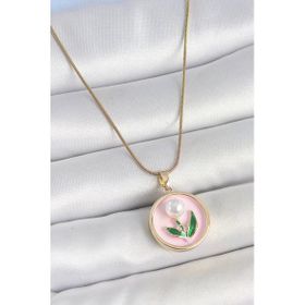 316L Çelik Gold Renk Zincir Pembe Mineli İncili Çiçek İşlemeli Portre Model Kadın Kolye