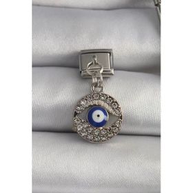 316L Çelik Gümüş Renk Sallantı Zirkon Taşlı Göz Model Nazar Boncuk Detay Charm