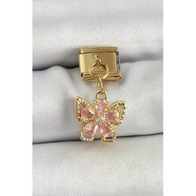 316L Çelik Sallantılı Zirkon Taşlı Çiçek Figürlü Kelebek Model Gold Renk Nomination Charm