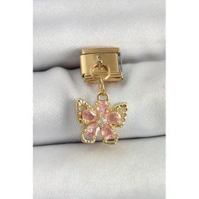 316L Çelik Sallantılı Zirkon Taşlı Çiçek Figürlü Kelebek Model Gold Renk Nomination Charm