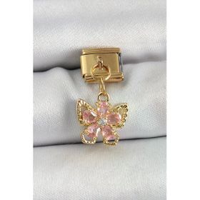 316L Çelik Sallantılı Zirkon Taşlı Çiçek Figürlü Kelebek Model Gold Renk Nomination Charm