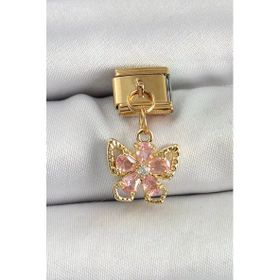 316L Çelik Sallantılı Zirkon Taşlı Çiçek Figürlü Kelebek Model Gold Renk Nomination Charm