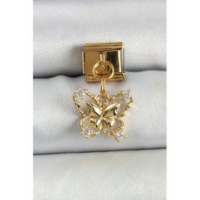 316L Çelik Sallantılı Zirkon Taşlı Kelebek Model Gold Renk Nomination Charm