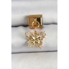 316L Çelik Sallantılı Zirkon Taşlı Kelebek Model Gold Renk Nomination Charm