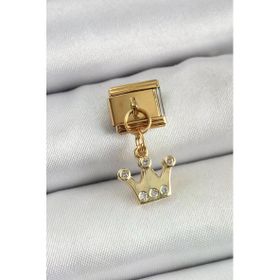 316L Çelik Sallantılı Zirkon Taşlı Kraliçe Tacı Model Gold Renk Nomination Charm