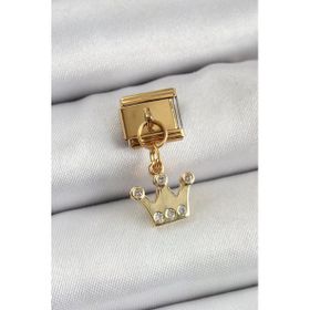 316L Çelik Sallantılı Zirkon Taşlı Kraliçe Tacı Model Gold Renk Nomination Charm