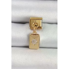 316L Çelik Sallantılı Zirkon Taşlı Kutup Yıldızı Figürlü Dikdörtgen Model Gold Renk Nomination Charm