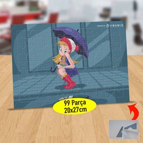 4FA60 Mor Şemsiyeli Sevimli Kız 99 Parça Puzzle Yapboz Tablo