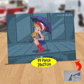 4FA60 Mor Şemsiyeli Sevimli Kız 99 Parça Puzzle Yapboz Tablo