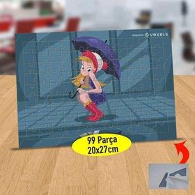 4FA60 Mor Şemsiyeli Sevimli Kız 99 Parça Puzzle Yapboz Tablo