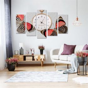 5 Parçalı Saatli Kelebek Kanvas Tablo