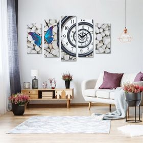 5 Parçalı Saatli Kelebek Kanvas Tablo