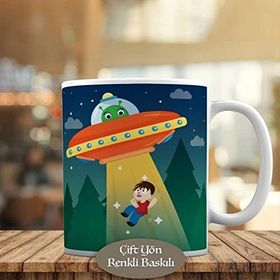 636 Uzay Aracı ve Yeşil Başlı Ufo Baskılı Kupa Bardak