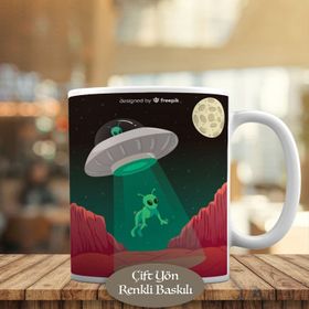 699 Ufo Uçan Daireye Işınlanan Komik Uzaylı Kupa Bardak