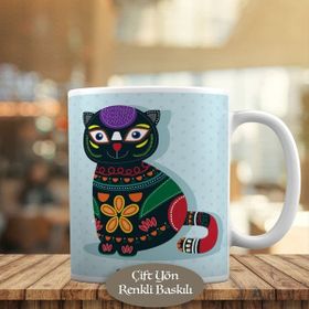 72417 Çiçek Desenli Siyah Kedicik Kupa Bardak