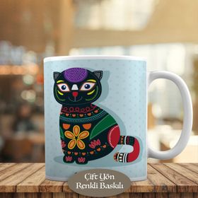 72417 Çiçek Desenli Siyah Kedicik Kupa Bardak