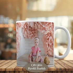 7466 Pembe Çiçekler ve Sevimli Kız Bebek Kupa Bardak