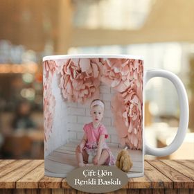 7466 Pembe Çiçekler ve Sevimli Kız Bebek Kupa Bardak