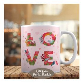 8652 Pembe Güzel Çiçeklerle Love Yazılı Kupa Bardak