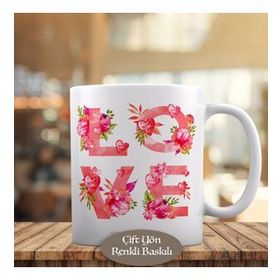 8732 Pembe Güllerle Love Yazı Baskılı Kupa Bardak