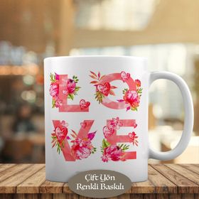 8732 Pembe Güllerle Love Yazı Baskılı Kupa Bardak