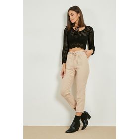 8stil Beli Lastikli Yüksek Bel Havuç Bej Kadın Pantolon
