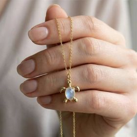 925 Ayar Gümüş Altın Kaplama Ay Taşı Kaplumbağa Kolye