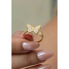 925 Ayar Gümüş Ayarlanabilir Gold Kelebek Yüzük