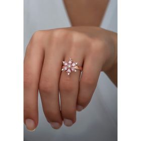 925 Ayar Gümüş Ayarlanabilir Pembe Taşlı Çiçek Yüzük