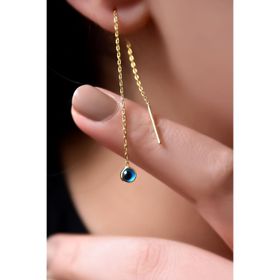 925 Ayar Gümüş Gold Kaplama Cam Göz Zincir Küpe