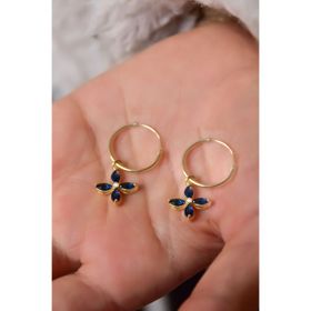 925 Ayar Gümüş Gold Kaplama Lacivert Zirkon Taşlı Plumeria Halka Küpe