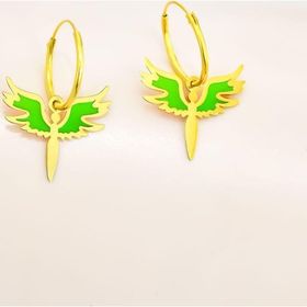 925 Ayar Gümüş Gold Kaplama Parlayan Rüya Serisi Tasarım Ebruli Yeşil Cam Boya Mikail Meleği Küpe