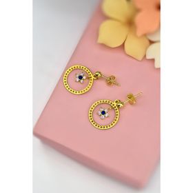925 Ayar Gümüş Gold Kaplama Yıldız Çember, Mini Lacivert Taşlı Çiçek Sallantılı Küpe