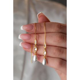 925 Ayar Gümüş Gold Sallantılı İncili 2 Element Zincir Küpe