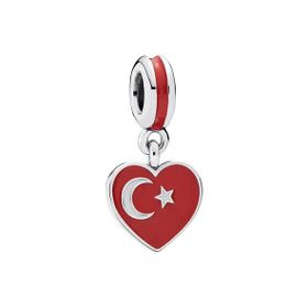 925 Ayar Gümüş Kalpli Türkiye Bayrağı Figürlü Sallantılı Charm