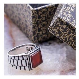 925 Ayar Gümüş Kare Akik Taşlı Rolex işlemeli Yüzük